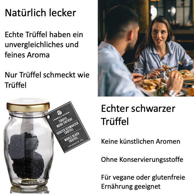 Echter schwarzer Trüffel, 25g, im Glas. Ohne künstl. Aromen und Konservierungsstoffe - Franck et Olivier Delikatessen